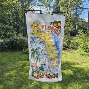 Vintage Sherry Terry Cloth Florida Beach Towel, White With Tropical Flordia Map